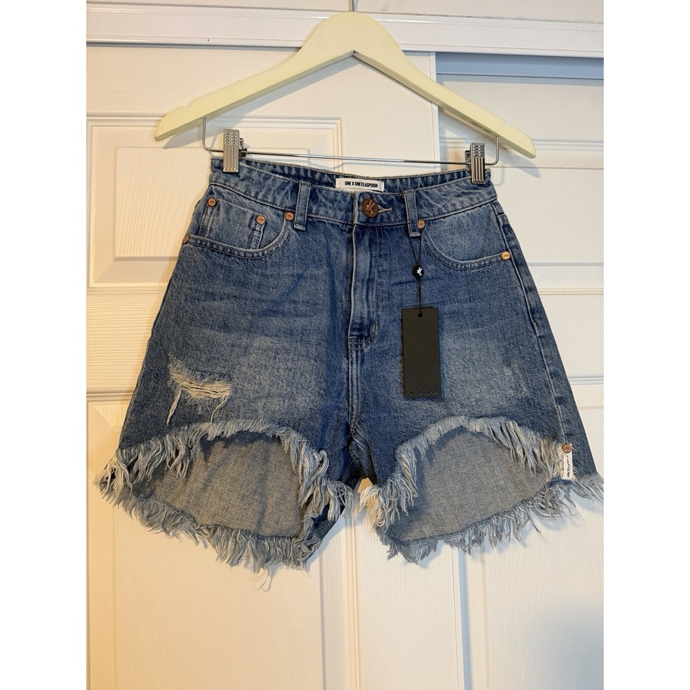 One Teaspoon High Waist Legend Distressed Denim Mom Jeans Shorts Frayed Relaxed